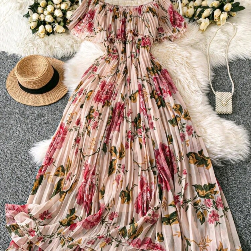 Blush Pink Off-Shoulder Floral Maxi Dress